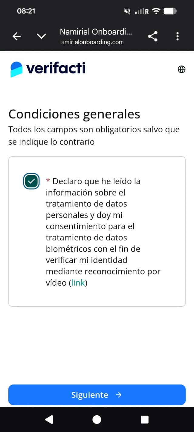 Consent screen for processing personal and biometric data