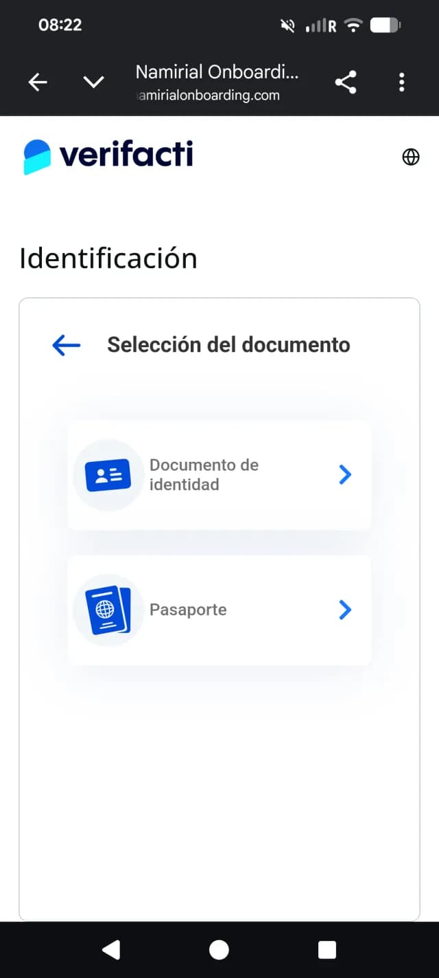 Document type selection: identity document or passport