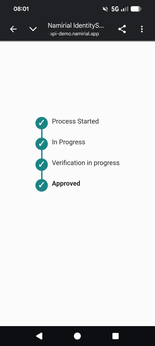 Screen showing the identity verification approved